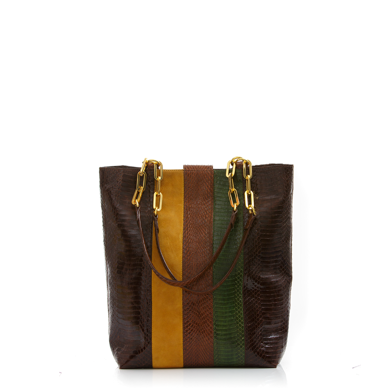 Tote Bag TAH TONG SAK Brown and Summer Green Cobra and Mustard Suede