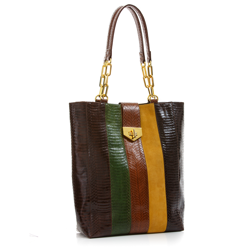 Tote Bag TAH TONG SAK Brown and Summer Green Cobra and Mustard Suede