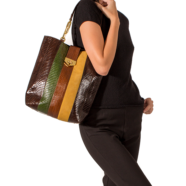 Tote Bag TAH TONG SAK Brown and Summer Green Cobra and Mustard Suede