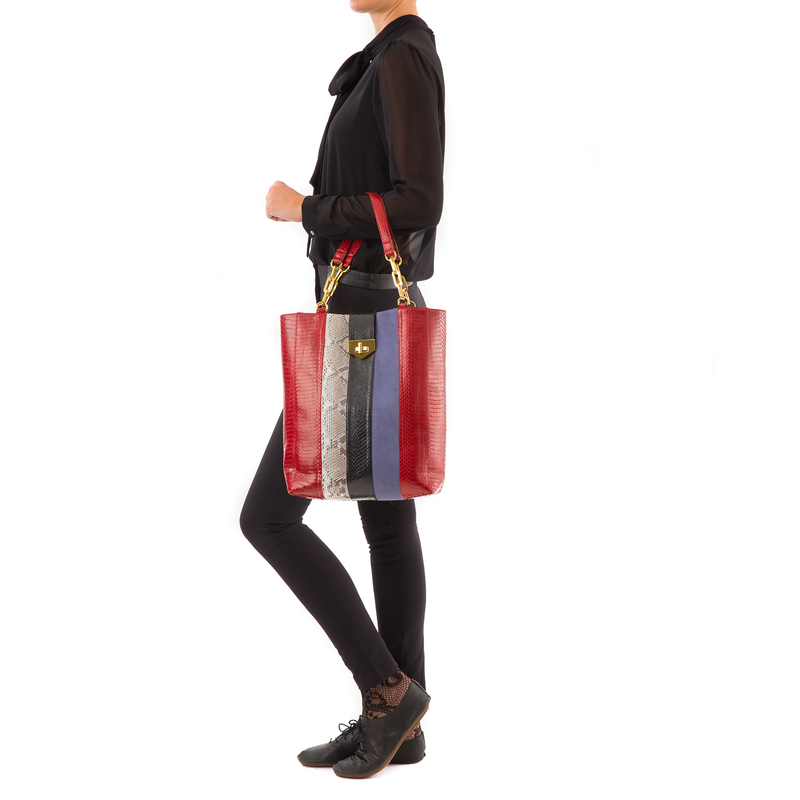 Tote Bag TAH TONG SAK Red Cobra Natural Python and Lily Suede