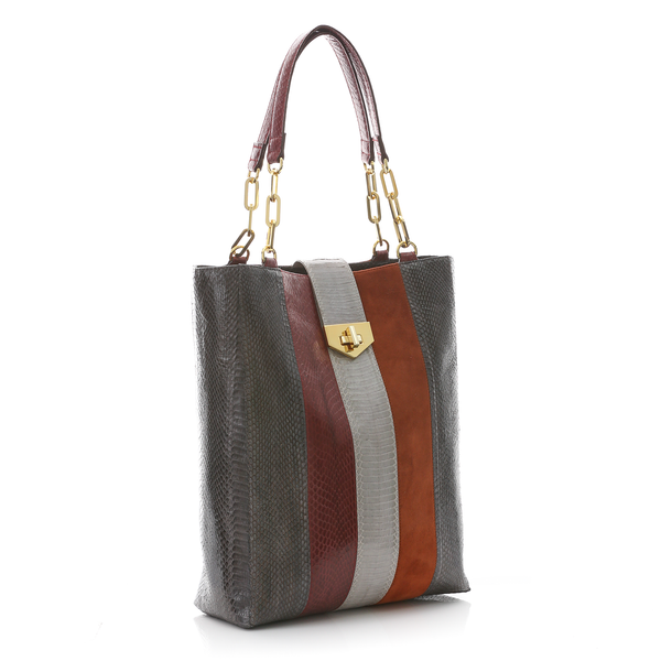 Tote Bag TAH TONG SAK Grey Green, Cassis Cobra and Tomette Suede