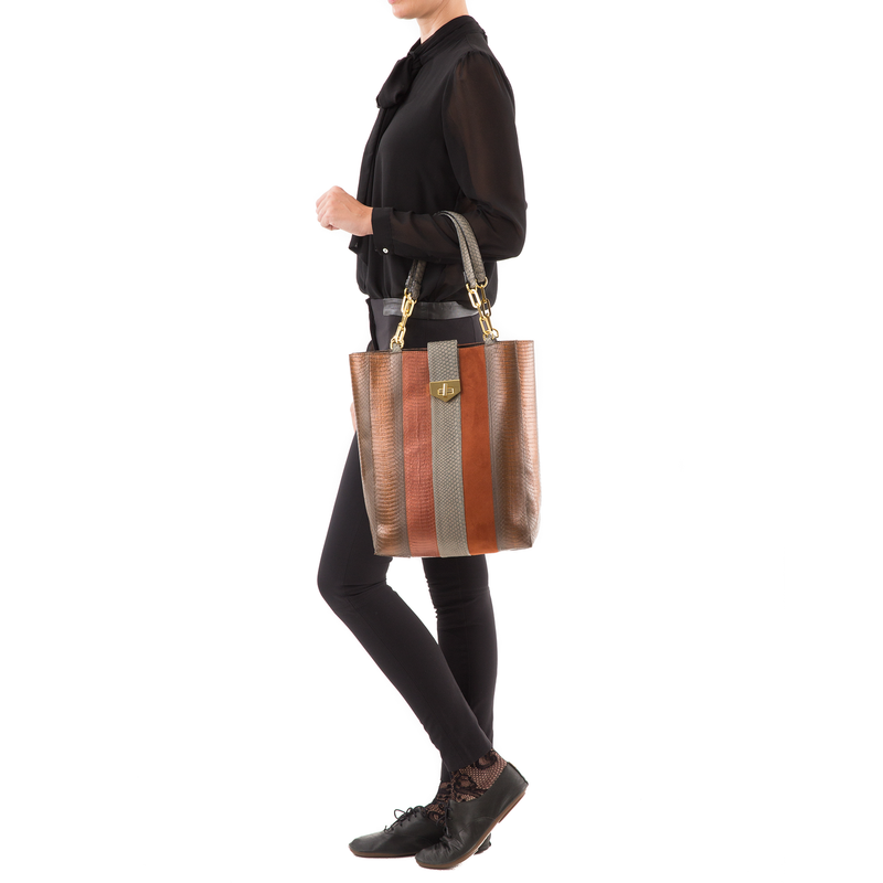 Tote Bag TAH TONG SAK Muddy Bronze Cobra and Tomette Suede