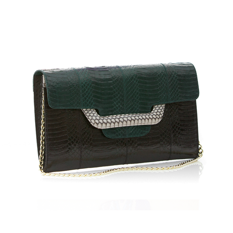 ULALAH clutch bag with removable strap dark green and black belly cobra
