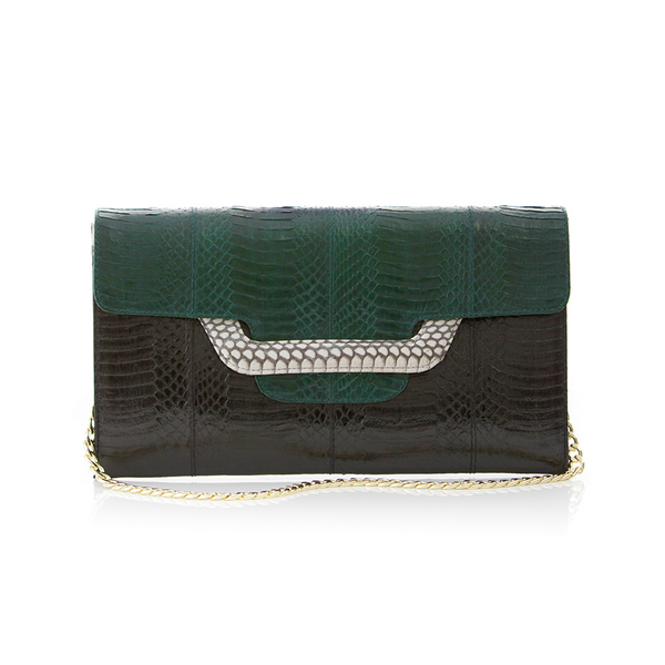 ULALAH clutch bag with removable strap dark green and black belly cobra