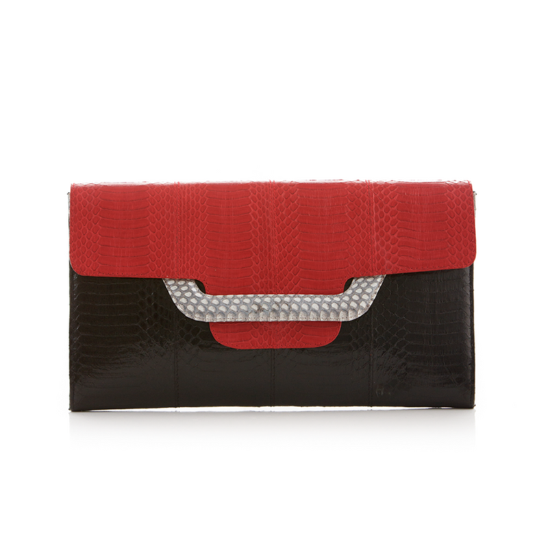 ULALAH clutch bag with removable strap red and black belly cobra Darsala