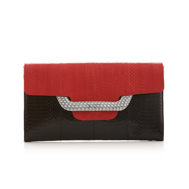 ULALAH clutch bag with removable strap red and black belly cobra