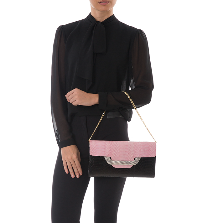 ULALAH clutch bag with removable strap pink and black belly cobra