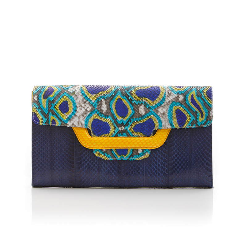 ULALAH clutch bag with removable strap blue painted python and navy cobra