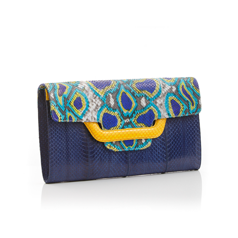 ULALAH clutch bag with removable strap blue painted python and navy cobra