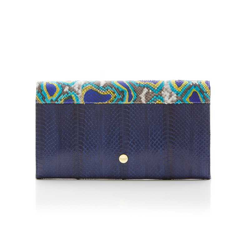 ULALAH clutch bag with removable strap blue painted python and navy cobra