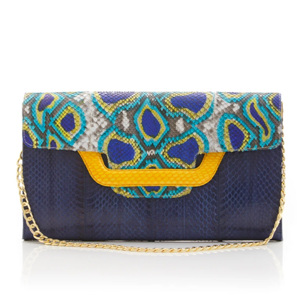 ULALAH clutch bag with removable strap blue painted python and navy cobra