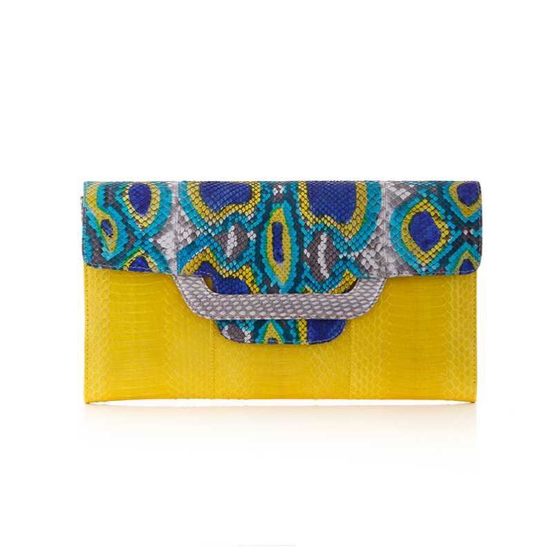 ULALAH clutch bag with removable strap blue painted python and yellow cobra