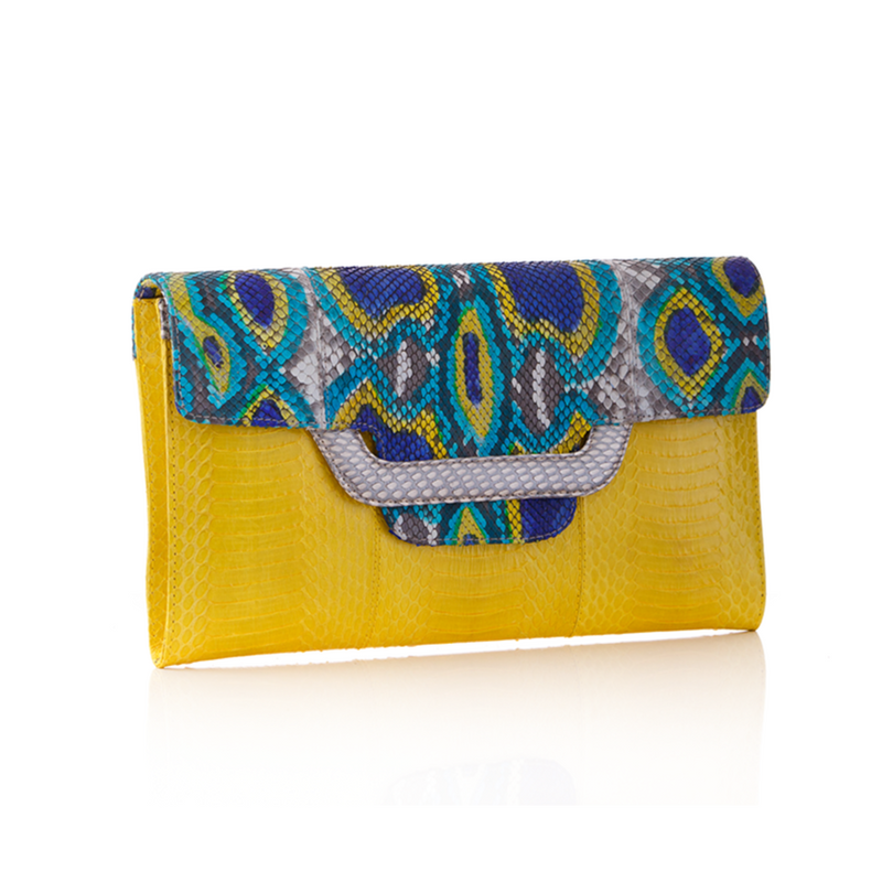 ULALAH clutch bag with removable strap blue painted python and yellow cobra