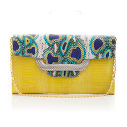 ULALAH clutch bag with removable strap blue painted python and yellow cobra