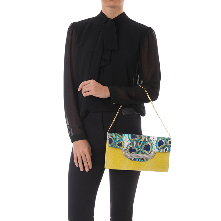 ULALAH clutch bag with removable strap blue painted python and yellow cobra
