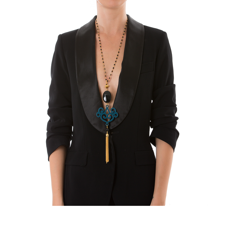 VOLUTE Adjustable Tasseled Gold-Plated Necklace & Blue Lacquered-Horn