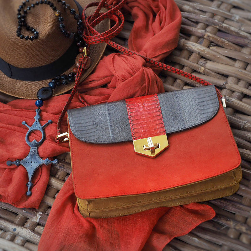 Cross Body Bag LIM LE FO Turtle Grey Cobra and Paprika Suede
