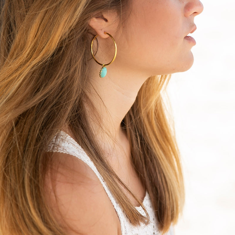 DAMARA Gold Hoops earrings,  cabochon Turquoise