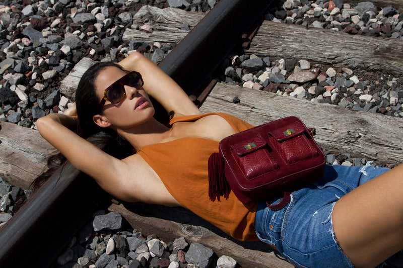 CAMBAG, crossbody bag Burgundy cobra and lamb suede